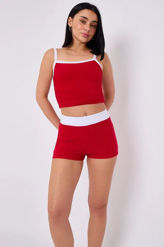Contrast Trim Slinky Crop Top and Shorts Co-Ord Set
