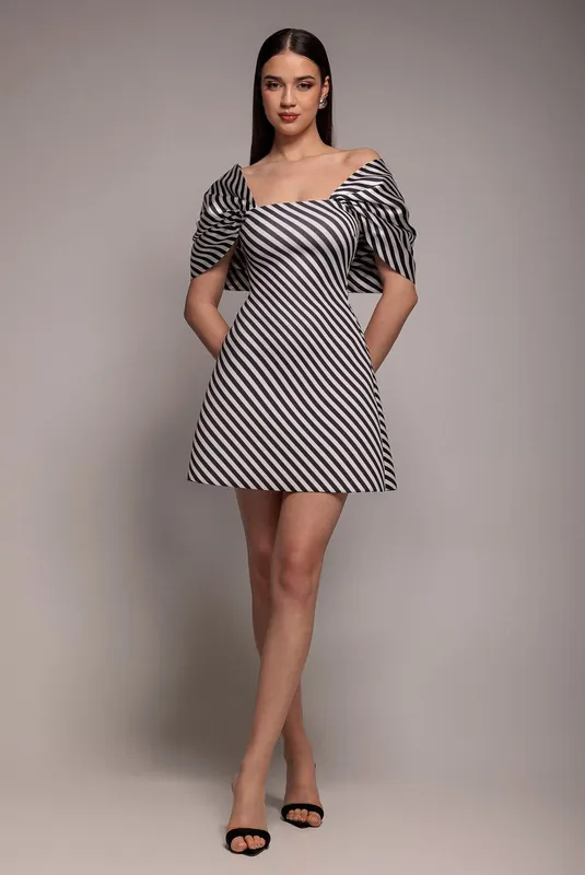 Stripe Off Shoulder Bow Back Satin Bow Mini Dress - Goddiva