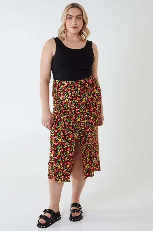 Curve Plus Size Ruched Front Midi Skirt - Blue Vanilla