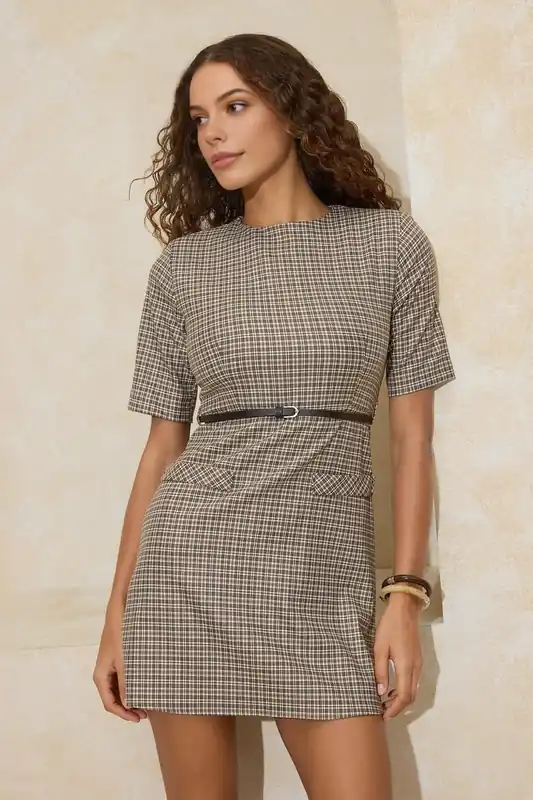 Check Print Belted Short Sleeve Woven Tailored Mini Dress - WOVCOR