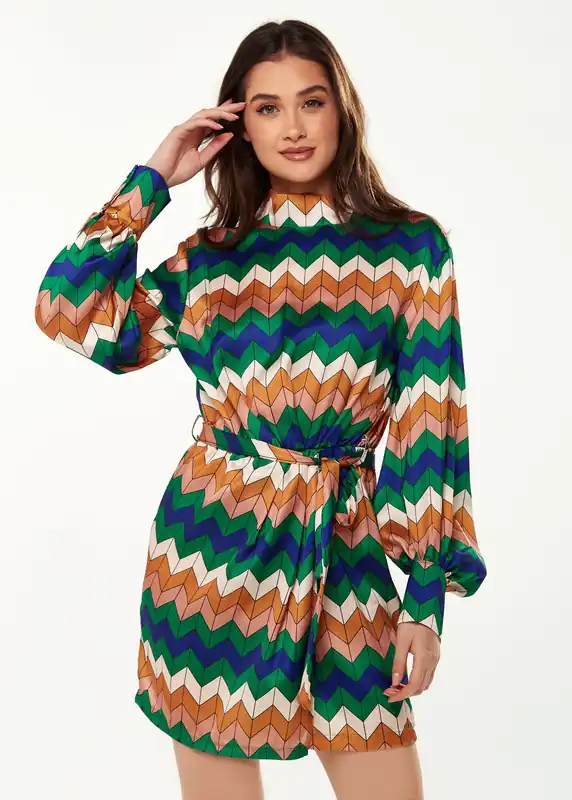 Zig Zag Print Mini Dress in Cool Tones - Liquorish