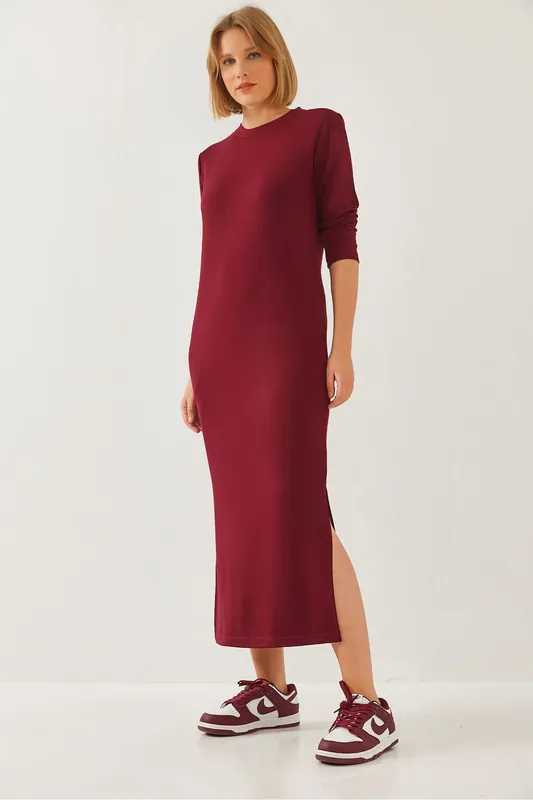Crew Neck Long Sleeve Midi Dress with Slit - Bianco Lucci