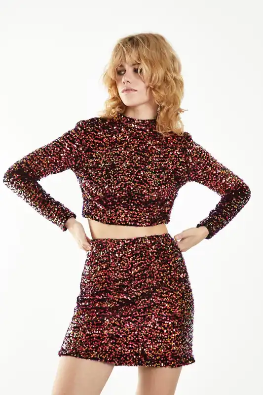 Sequin Long Sleeve Crop Top - Shnoo