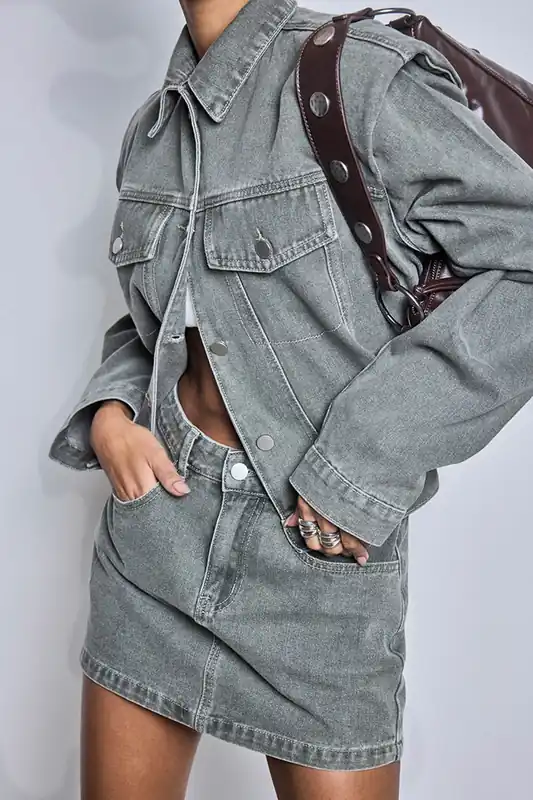 Long Sleeve Shoulder Pads Denim Jacket - EGO