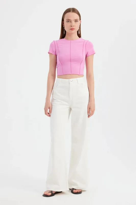 Round Neck Front Seam Short Sleeve Crop Top - Hiccup