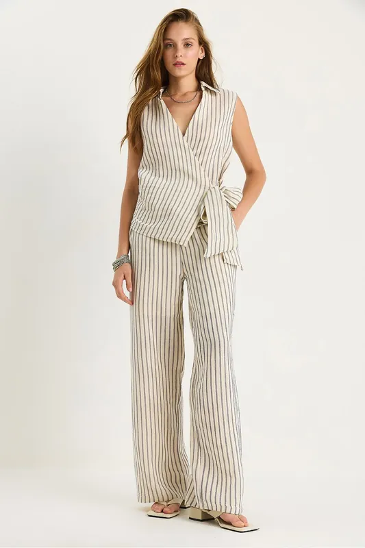 Striped V-Neck Buttoned High Waist Wide Leg Two-Piece Set