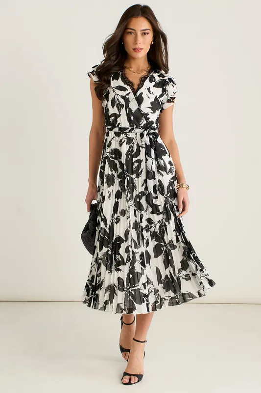 Lace Trim Mono Pleated Wrap Midi Dress - Gini London