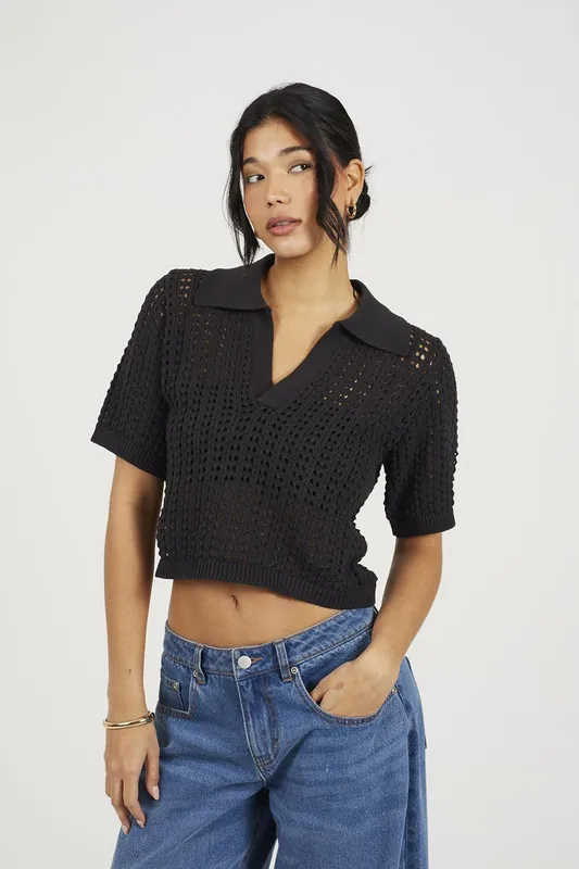 Pointelle Knit Collared T-Shirt