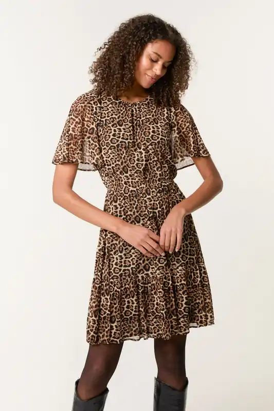 Brown Leopard Print Mesh Crew Neck Mini Dress - Blue Vanilla