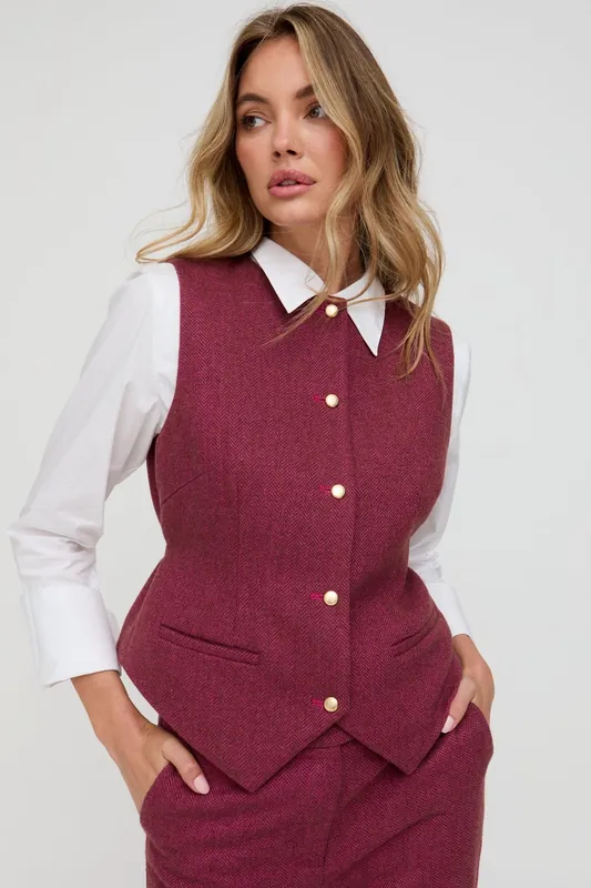 Pandora Tailored Herringbone Print Waistcoat In Pink - Lily and Lionel