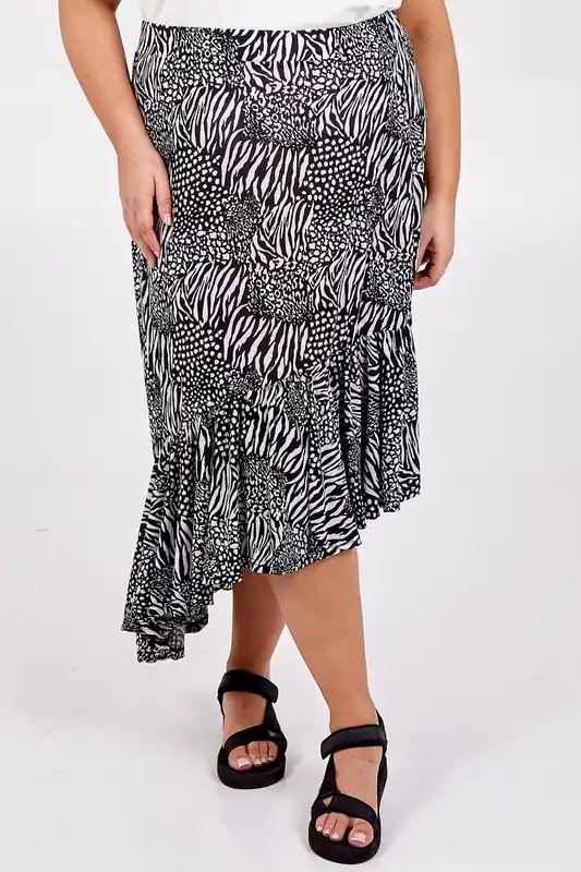 Black Curve Asymmetric Hem Tiered Midi Skirt - Blue Vanilla