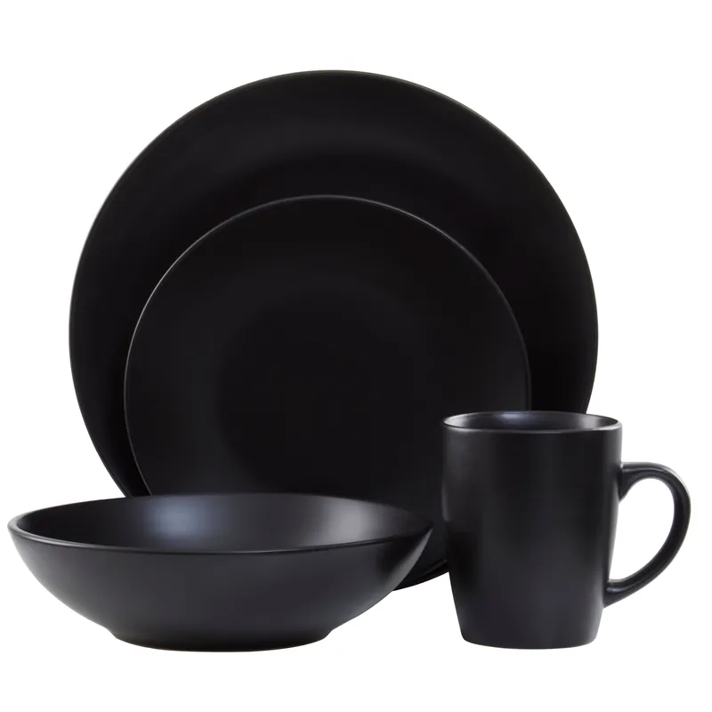 16-Piece Dinner Set, Modern Black Stoneware Dinner Set, 16 Piece Elegant Black Dinner Set for Four Diners