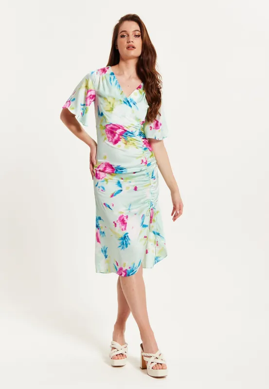 Midi Wrap Dress With Floral Print in Mint Green - Liquorish