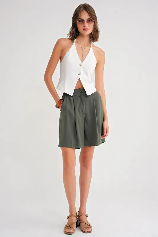 High Waist Buttoned Pocket Shorts - MixRay
