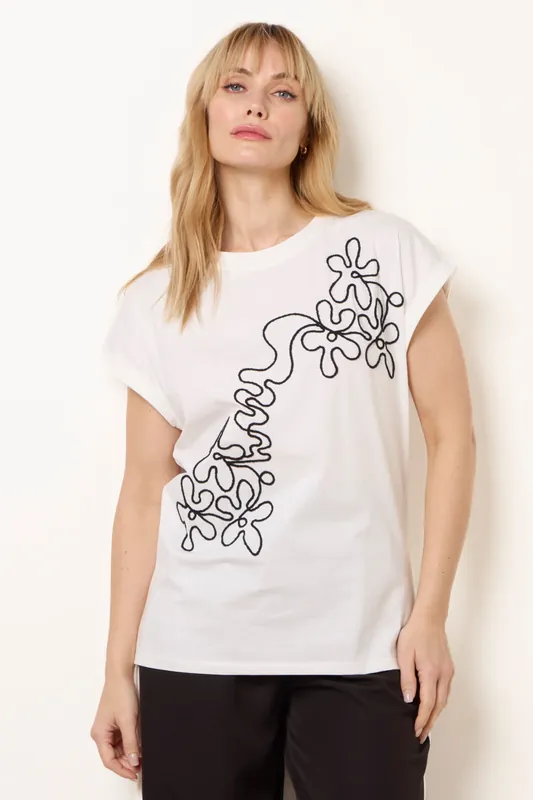 Ivory T-Shirt With Floral Embroidery