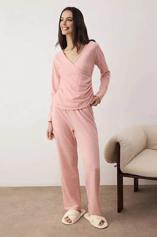 Wrap Front Soft Touch Knitted Long Sleeve Pyjama Set - WOVCOR