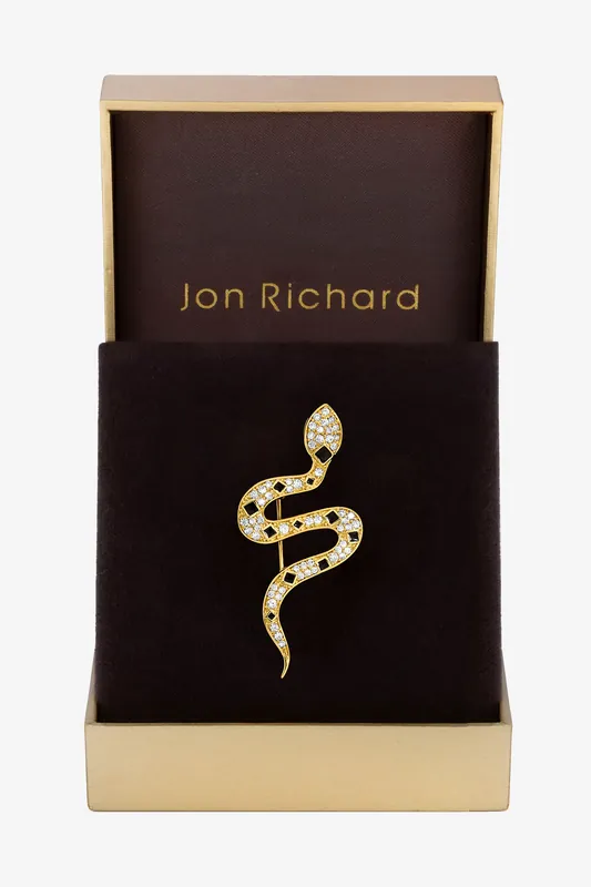 Gold Plated Crystal and Jet Snake Brooch - Gift Box