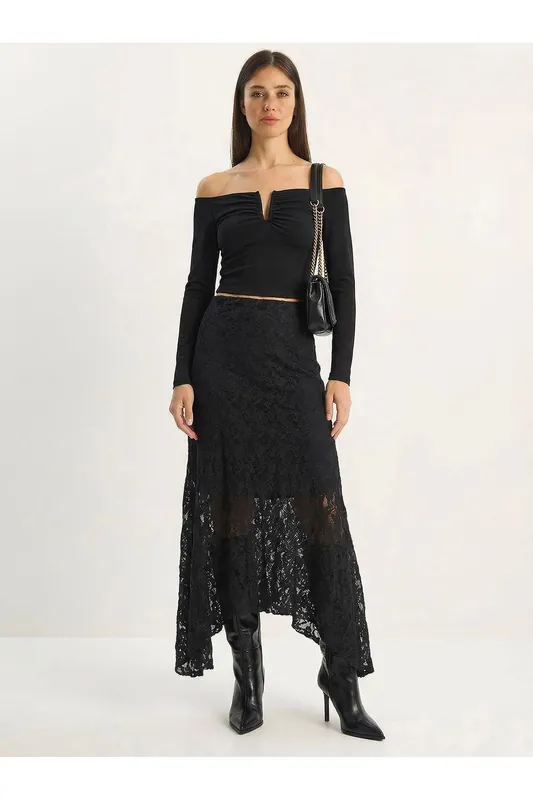 High Waist Lace A-Line Midi Skirt