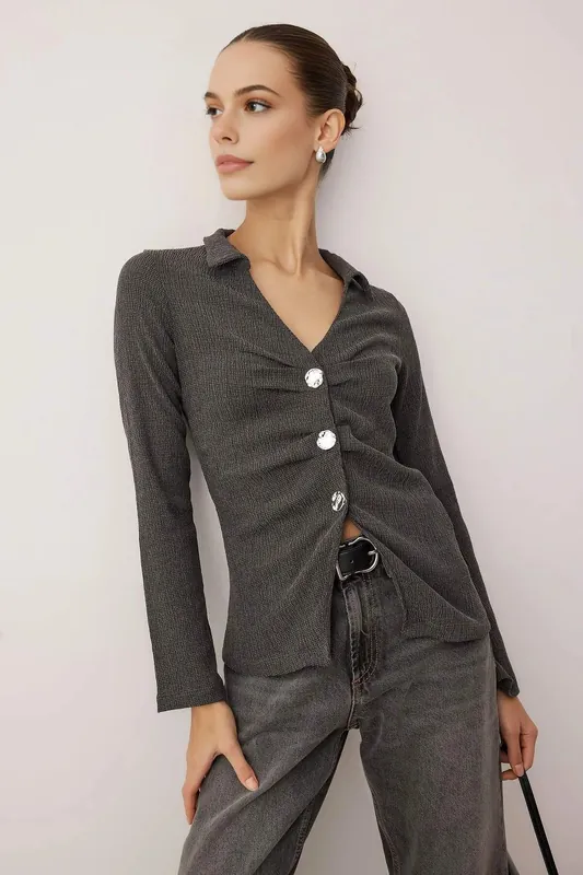 Polo Collar Gathered Button Front Fitted Stretch Knit Blouse - WOVCOR