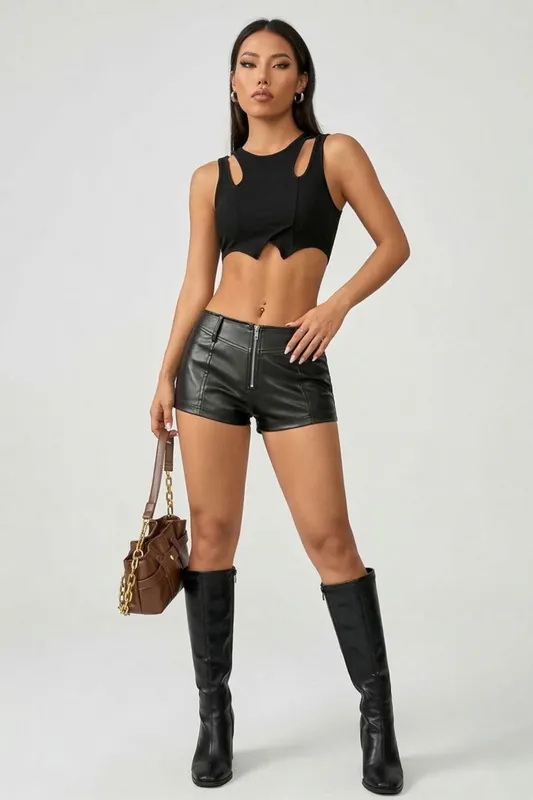 Micro PU Shorts - Belt Loop Detail - Short