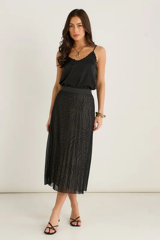 Black Animal Print Mesh Overlay Pleated Midi Skirt - Gini London