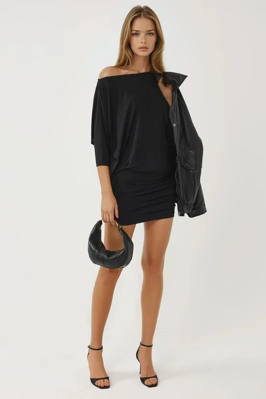 Asymmetrical Collar Fitted Mini Dress - Busem