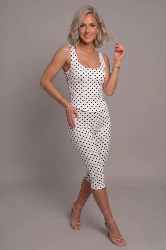 Polka Dot Ruched Sleeveless Top and High Waist 34 Co-Ord