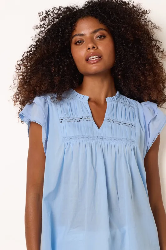 Blue Cotton Embroidery Detail Ruffle Sleeve Top - Blue Vanilla