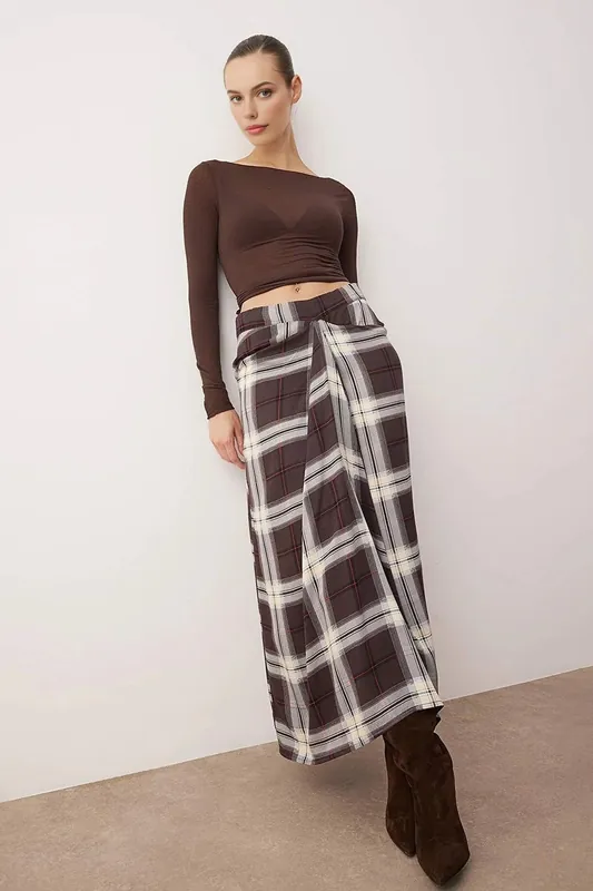 Check Print Long Maxi Skirt with Twist Waist Detail - WOVCOR