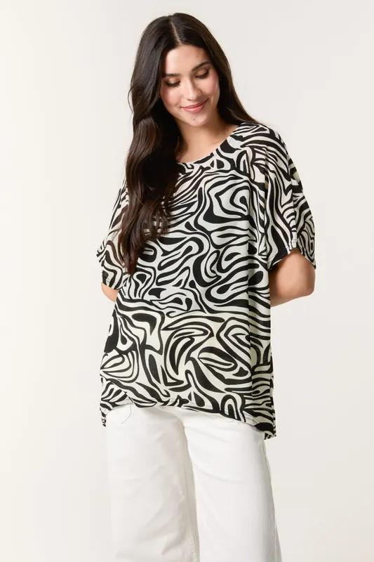 Black Short-Sleeved Top With Abstract Print