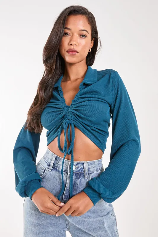 Ribbed Ruched Long Sleeve Collared Shirt - Pink Vanilla