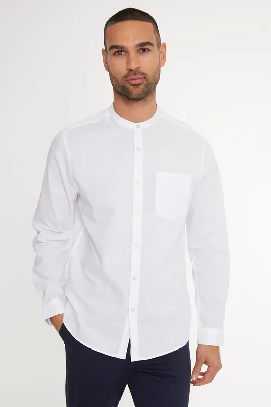 Ushuaia' Linen Blend Long Sleeve Grandad Collar Shirt - Threadbare