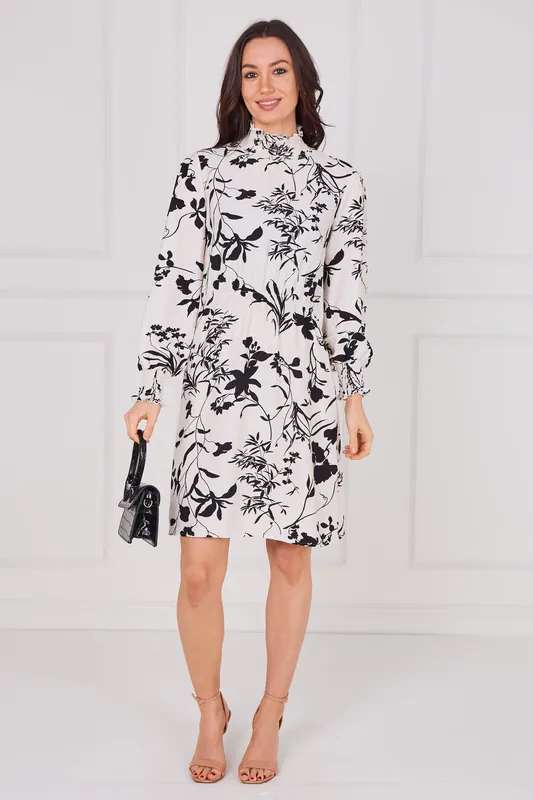 Ivory Floral Print Shirred Neck Dress - Love Sunshine