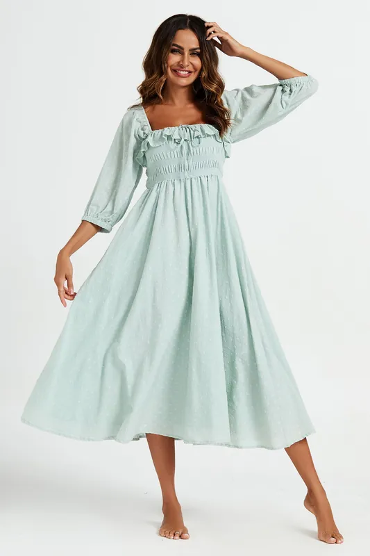 Frill Detail Square Neckline Midi Dress In Light Green - FS Collection