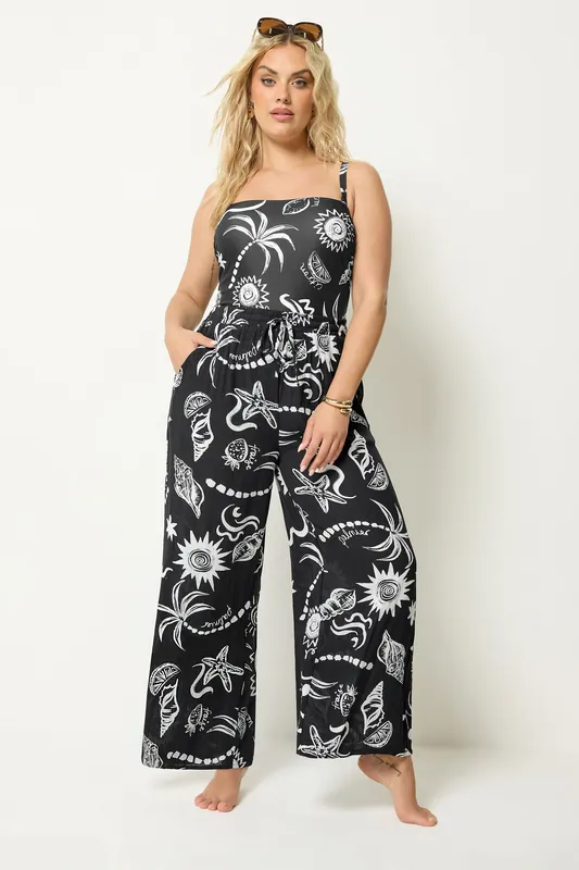 Summer Print Crinkle Wide Leg Trousers - Yours