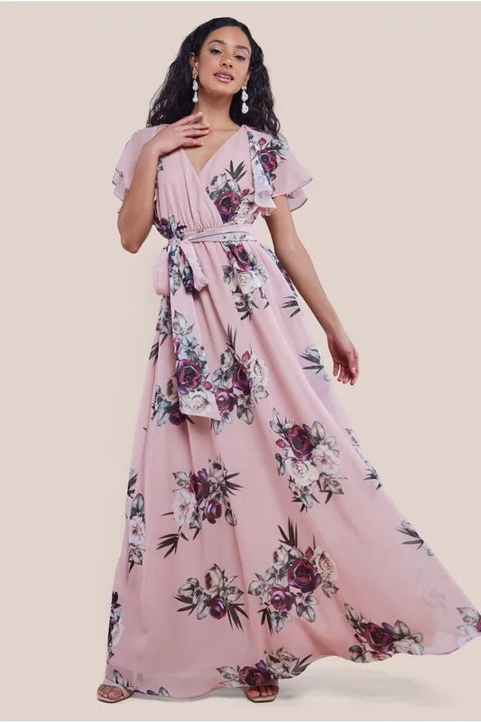 Printed Flutter Sleeve Maxi Dress - Goddiva