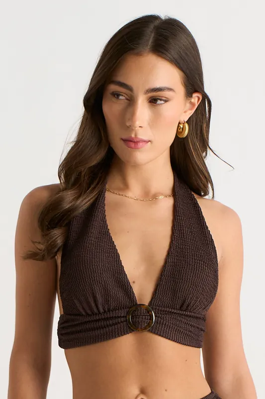 Brown Textured Halter Bikini Top with Ring Detail - Gini London