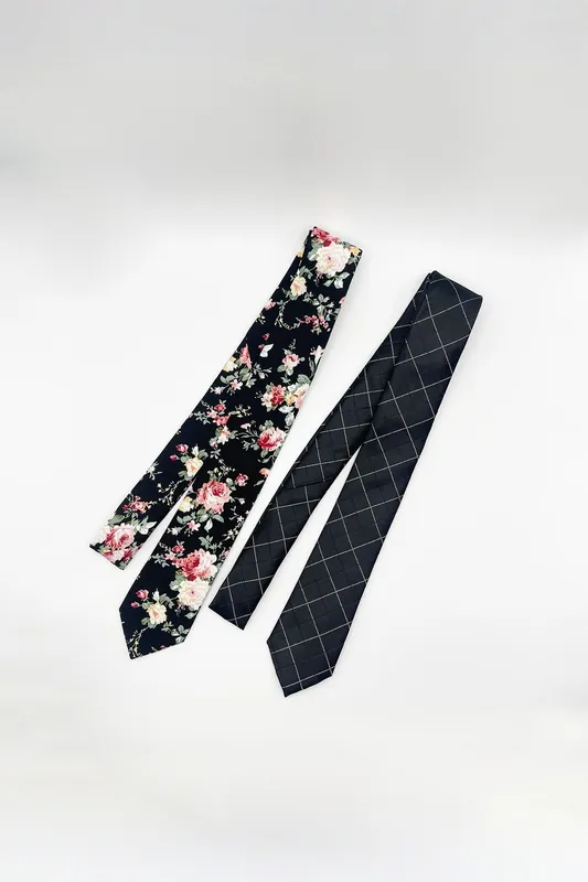 Minimal Check & Floral Print Tie Set - SVNX