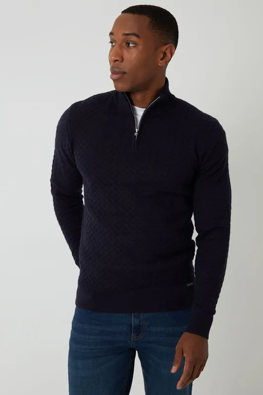 Textured Cable Knit Quarter Zip Jumper - Threadbare