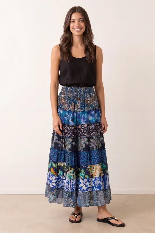 Blue Multi Print Shirred Skirt - Blue Vanilla