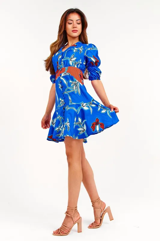 Blue Floral Ruffle Button Front Mini Dress - LuvForever Fashion