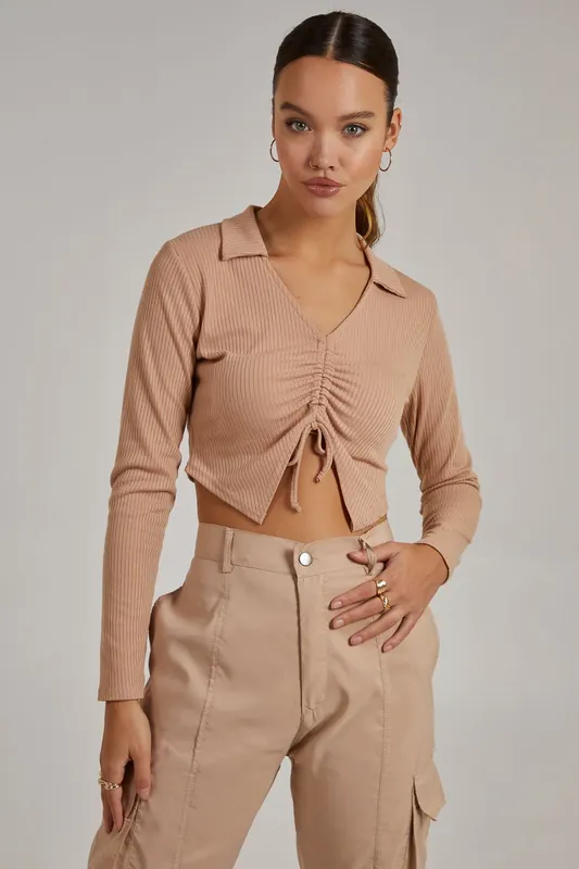 Long Sleeve Gathered Rib Top - Pink Vanilla