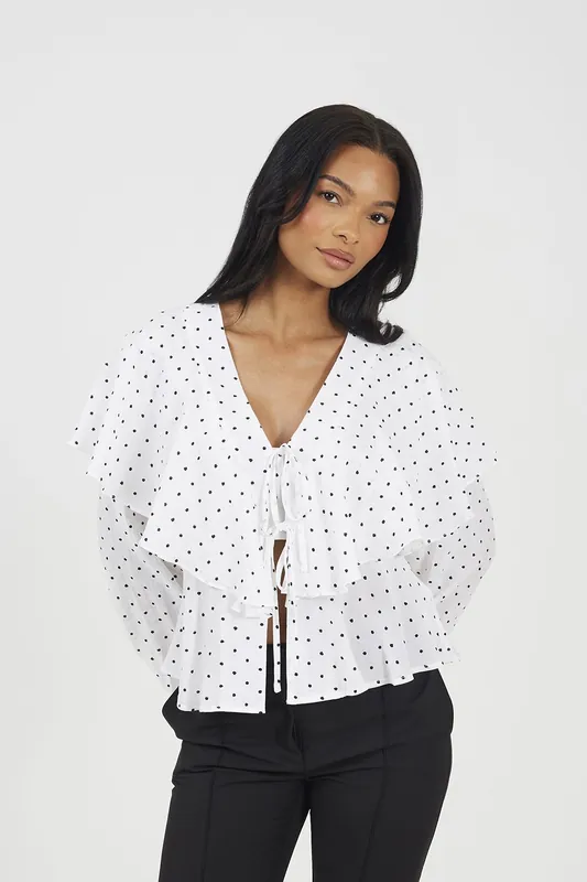 Polka Dot Long Sleeve Top With Frill - Brave Soul