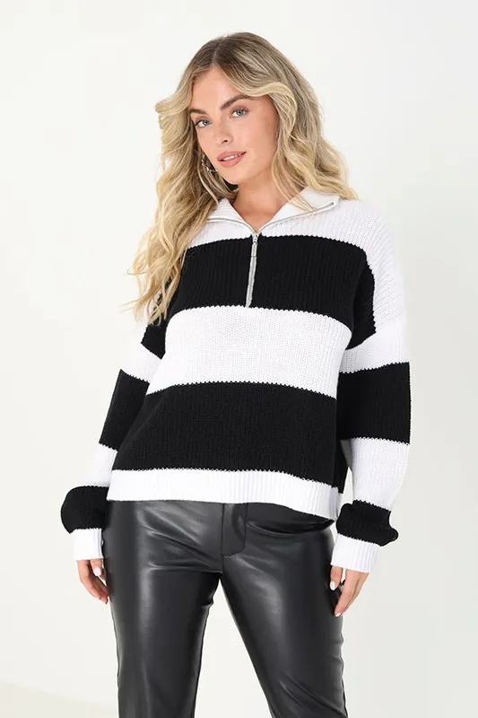 Striped Knitted Jumper With Zip Neck - Brave Soul