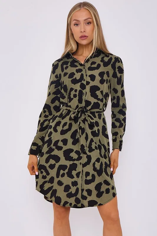 Khaki Leopard Print Mini Shirt Dress - Love Sunshine