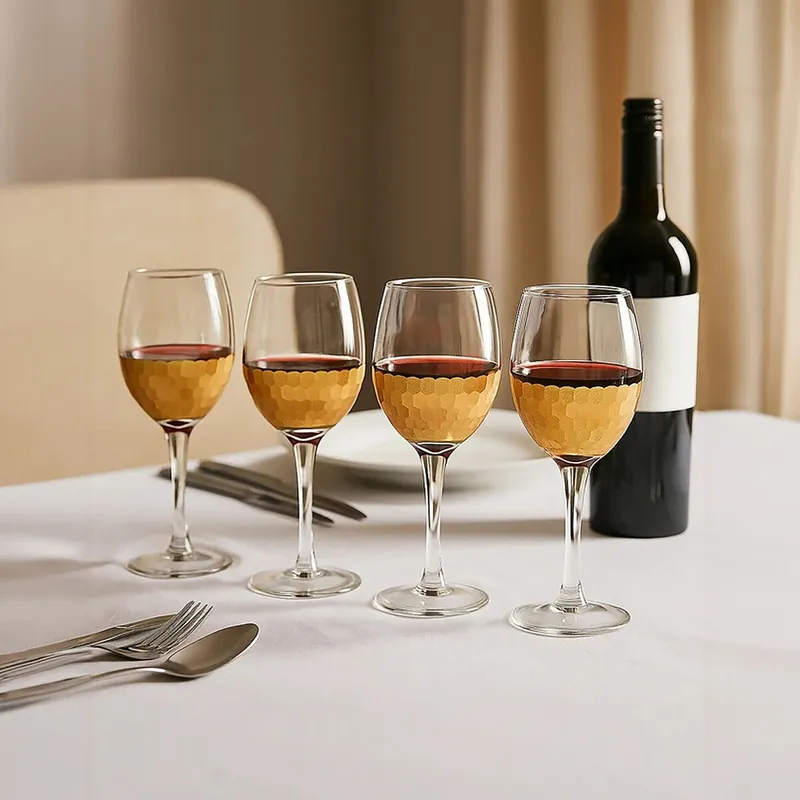 Geometric Ribbed Wine Glass Set, 4 Small Colored Wine Goblets With Gold Metallic Strip, Textured Glasses - Orsina