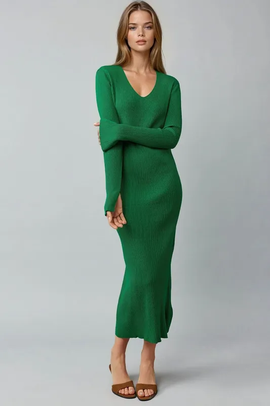 V-Neck Textured Maxi Knit Dress with Slit