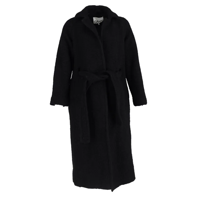Preloved Long Boucle Coat in Black Wool - Ganni