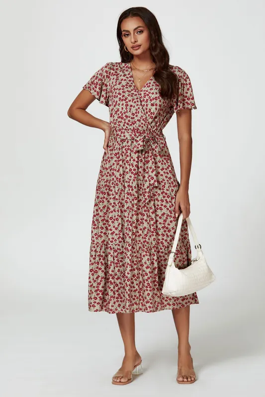 Pink Floral Print Wrap Midi Dress In Beige - FS Collection