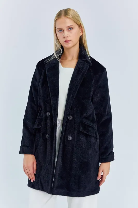 Thick Plush Buttoned Midi Coat with Jacket Collar - MixRay